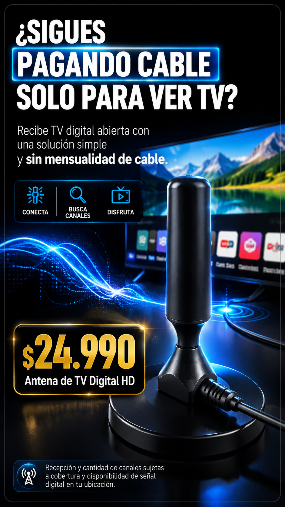 Antena de TV Digital HD: recibe TV digital abierta sin mensualidad de cable, $24.990