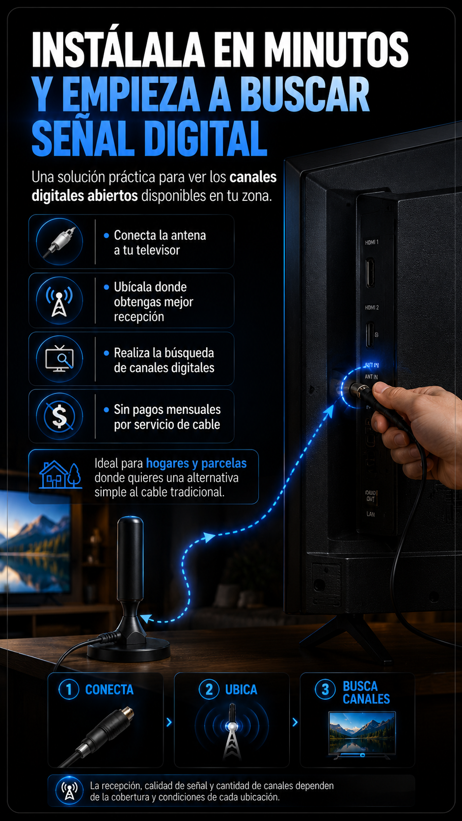 Instálala en minutos: conecta la antena al televisor, ubícala y busca canales digitales